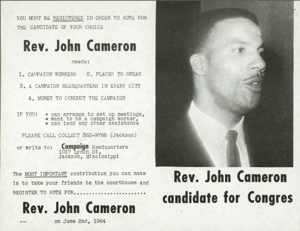 A campaign poster for Reverend John Cameron, which includes voting information, a call for volunteers, and a portrait of Rev. Cameron.