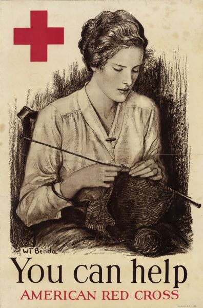 World War I poster featuring a young woman sitting in a chair knitting. The symbol of the Red Cross is in the upper left corner. The poster reads: "You can help, American Red Cross."