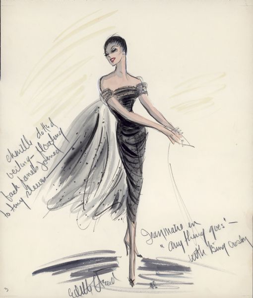 Costume design by Edith Head for the actress Jeanmaire (Zizi Jeanmaire) for the 1956 film "Anything Goes" with Bing Crosby. The dress is off-the-shoulder. Writing on the sketch reads: "Chenille dotted veiling — floating back panels joined to tiny sleeves." The sketch is signed by Edith Head at the bottom.