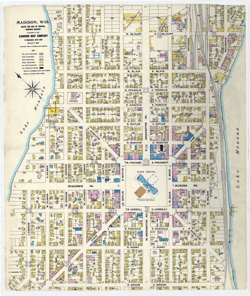 A Sanborn map featuring the Capitol Square and surrounding business district.
