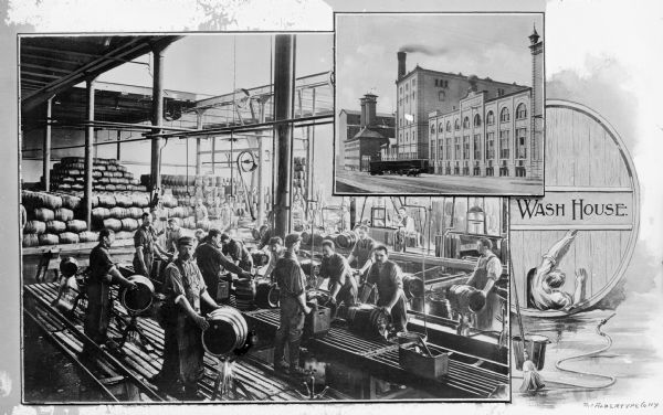 Interior view of men working in the wash house at Schlitz Brewery. At the top right is an inset of the exterior of the building.