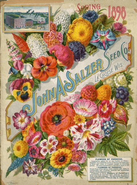 The cover design of the John A. Salzer Seed Company catalog. The illustration features a variety of flowers, and an inset view of the company's factory buildings.