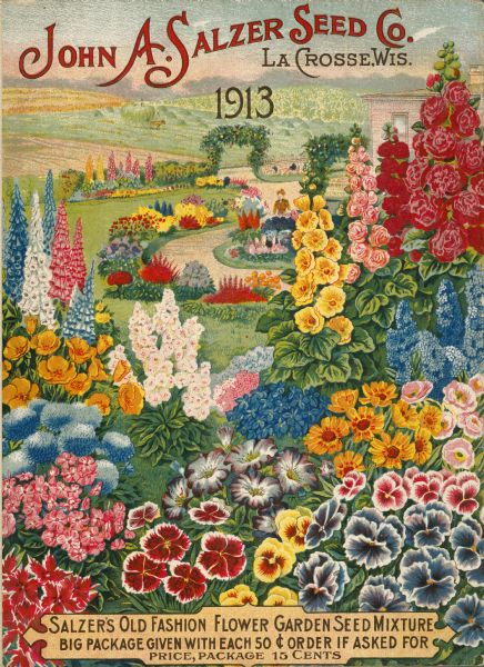 A back cover design for the John A. Salzer Seed Company catalog. The illustration features a variety of flowers in the foreground, and in the background, a woman standing in a garden, and a farmer in a field.
