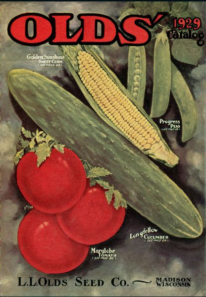 An advertisement on the back cover of Olds' Catalog from the L.L. Olds Seed Co. for vegetable seeds. The illustration features tomatoes, a cucumber, an ear of corn, and peas.