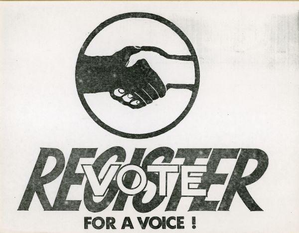 A flier featuring the SNCC (Student Nonviolent Coordinating Committee) logo of two hands, one black, one white, grasped together. The text below reads: "Register Vote For A Voice!" 