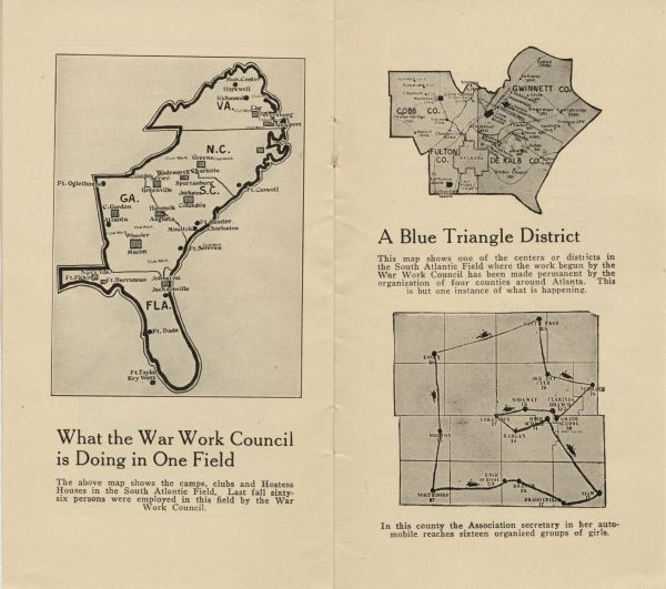 Three maps showing areas in which the War Work Council did some work.