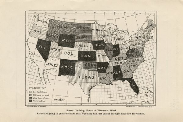 Map showing each state's work hour limitations for women. 