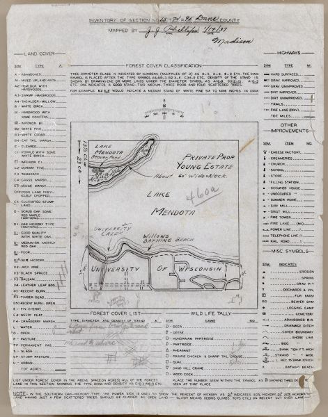 Sketch map of Township 7 North, Range 9 East, created for the Land Economic Inventory (Bordner Survey). The map shows Picnic Point and the Lake Mendota shoreline near the University of Wisconsin campus, and includes information on plants, trees, terrain and human-made structures. Indicates land owned by the "Young Estate." 