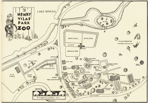 Fold-out map of the zoo inside a publication titled: "Henry Vilas Park Zoo: An Instructive Book on the Origin and Habits of Animals." Includes Lake Wingra, the lagoon, and the playground.
