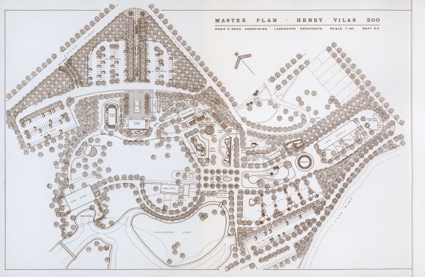 Fold-out map of the zoo inside a publication titled: "The Master Plan For Henry Vilas Park Zoo." Includes Lake Wingra, the lagoon, and the playground.