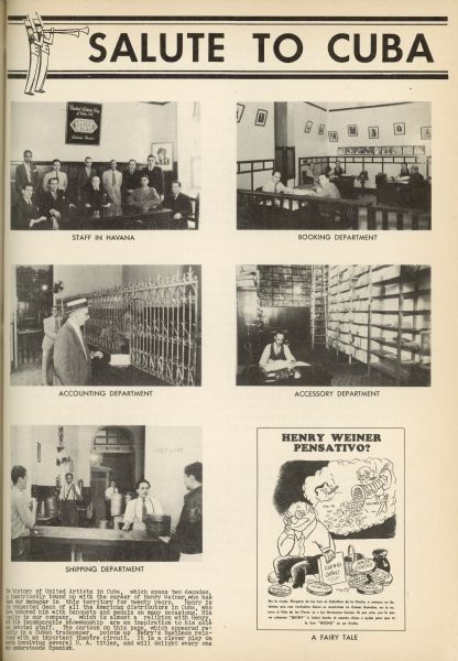 Full page "Salute to Cuba" in the United Artists newsletter "Around the World" from November 27, 1942. There are five photographs showing the staff and various departments in the Cuba office, along with a cartoon of manager Henry Weiner.