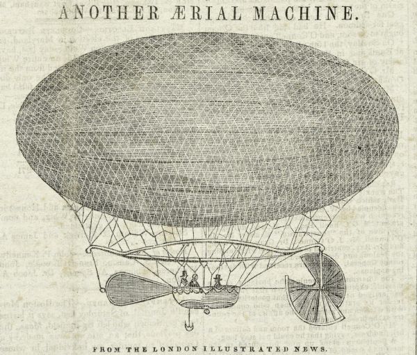 An engraving of a hot air balloon.