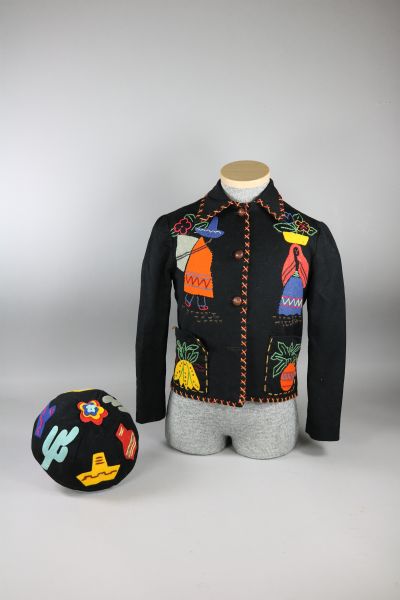 Mexican Tourist Jacket and Hat. These garments were made in 1948 by Mrs. Louise Wild (1891-1980), a dairy farmer's wife, from Adams Township, Green County, Wisconsin, for Linda E. Schiesser (b. 1944) of York Township, Green County. They were based on McCall's Pattern #1327.