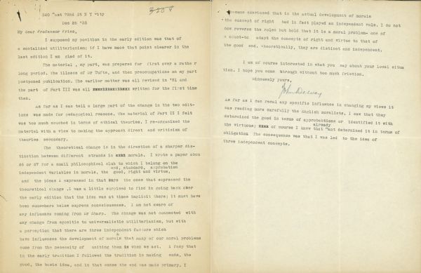 A two-page letter written by John Dewey to Horace Fries.