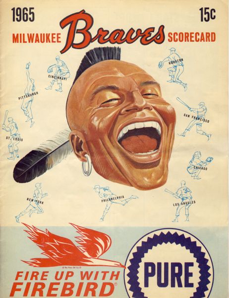 The cover of a Milwaukee Braves scorebook featuring a caricature of a Native American man.