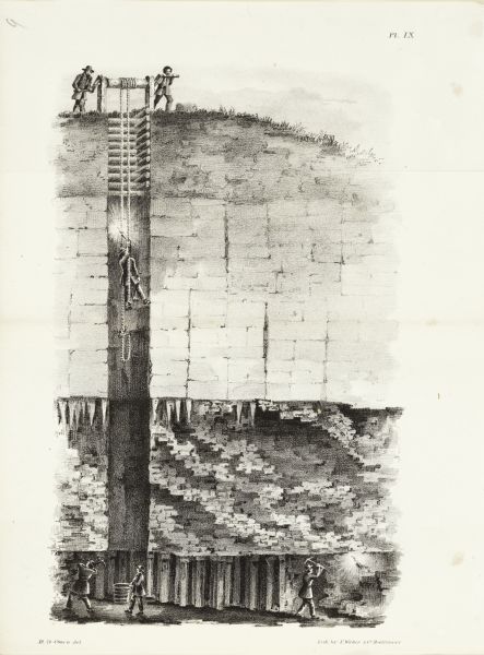 Cut-away lithography illustration of a mining operation, showing men lowering a miner into a mine where several other men are working.
