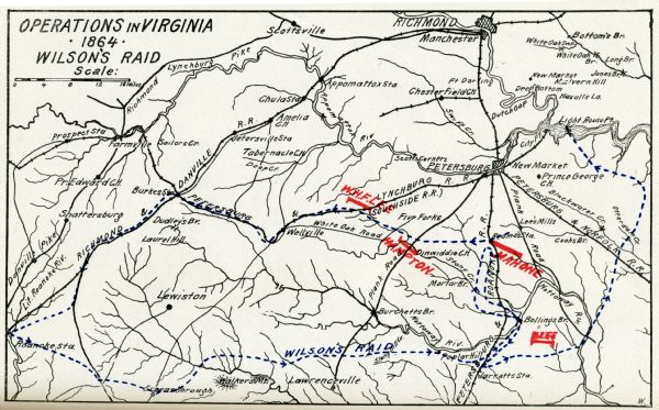 Map showing operations in Virginia during Wilson's Raid.
