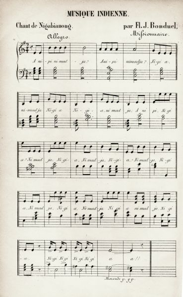A page of Menominee Indian music as transcribed by Father Florimond Bonduel.