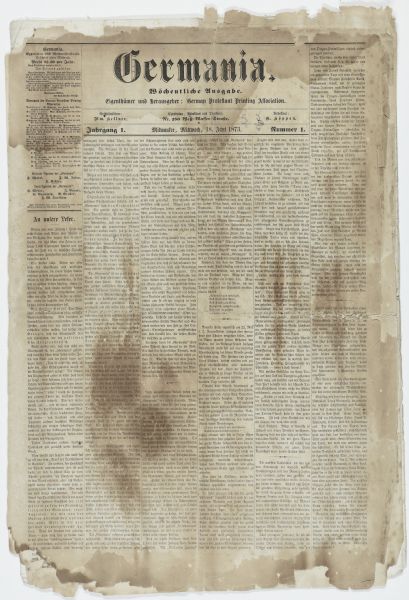 Front page of the inaugural issue of Milwaukee German language newspaper <i>Germania</i>.