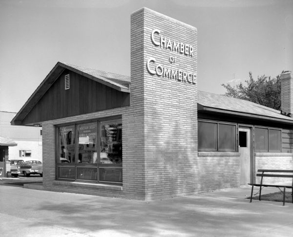 Exterior view of the Chamber of Commerce on the corner of Oak and Broadway.