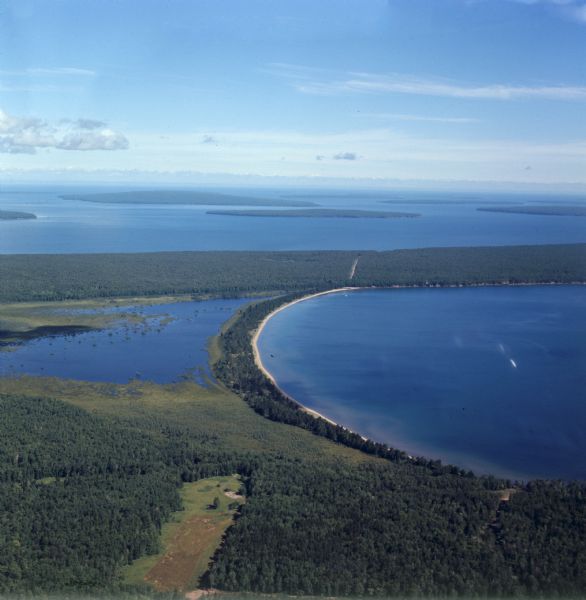 Aerial view of Madeline Island, and a few of the Apostle Islands in the distance.