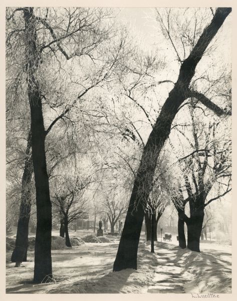 Winter scene of a residential area. There is ice on the branches of the trees. The sidewalk is shoveled and the road is plowed, and an automobile is moving down the street. There is a statue among piles of snow in the distance. 