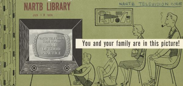 The cover design of a pamphlet titled "You and your family are in this picture!" featuring an illustration of a family watching television.