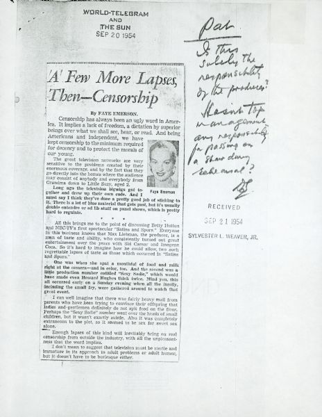 A photocopied newspaper article by Faye Emerson titled "A Few More Lapses — Then Censorship." To the right of the article is a handwritten note to Sylvester "Pat" Weaver.