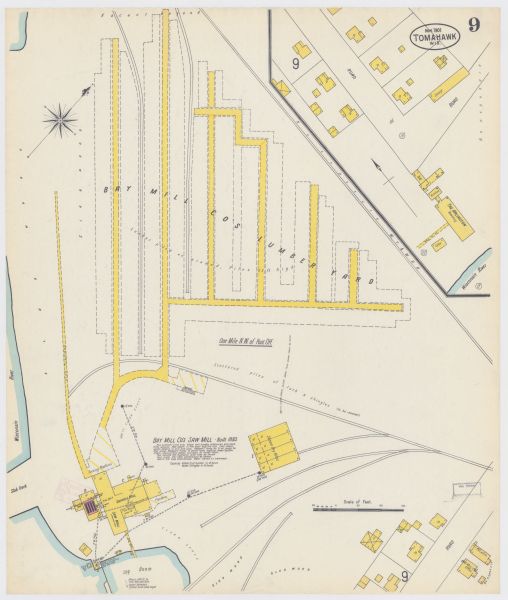 A Sanborn map of Tomahawk featuring the Bay Mill Company's lumber yard.