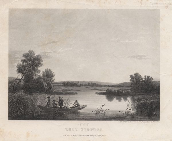 Engraved print of four men and a dog in a boat on Lake Winnebago. Two of the men are in the center of the boat holding hunting rifles, while one man is standing at the front with a paddle, and another man is sitting in the back using a paddle to move the boat.