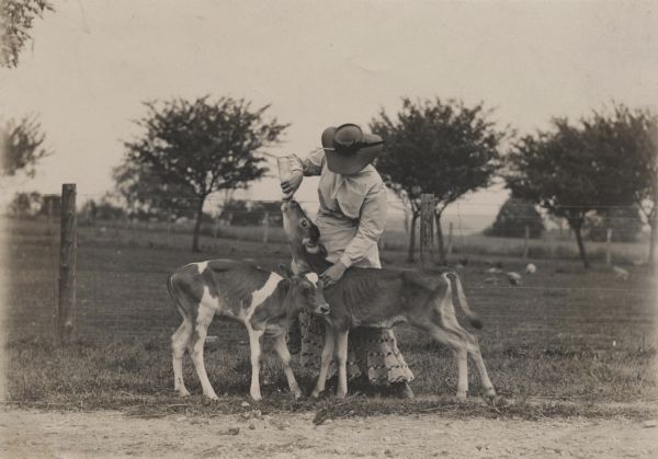 Adda Howie, wearing a work dress and wide-brimmed hat, is feeding a calf from a bottle outdoors at Sunny Peak Farm. Another calf is standing nearby. Adda and the calves are standing in front of a wire fence enclosing chickens in a pasture.