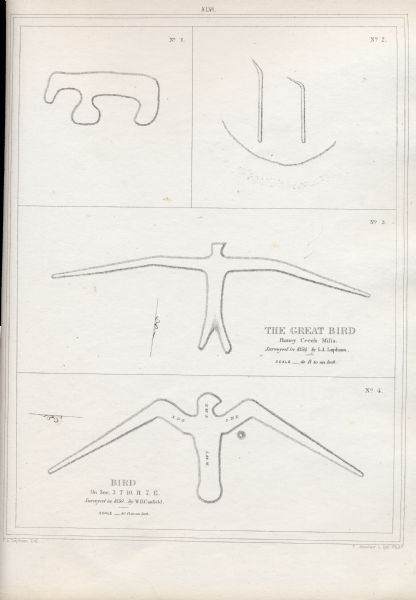 Diagrams of four effigy mounds surveyed by Increase A. Lapham and W.H. Canfield in 1850. No. 1 is an unidentified animal shape, No. 2 consists of two linear mounds and a ridge, No. 3 is The Great Bird at Honey Creek Mills, and No. 4 is a Bird in Rock County.
