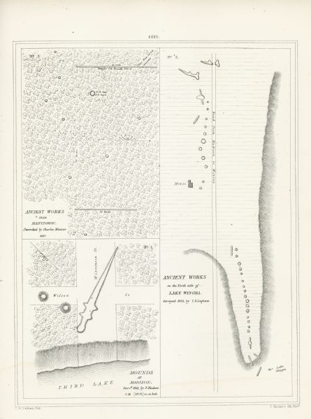 Three separate maps: Ancient Works Near Manitowoc (surveyed 1850), Ancient Works on the North Side of Lake Wingra (surveyed 1850), and Mounds at Madison (surveyed 1842).