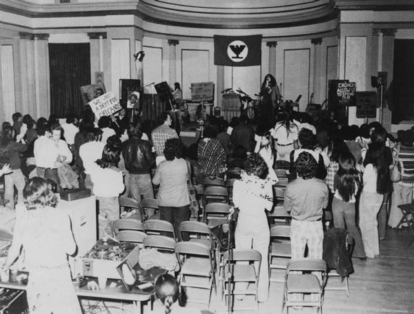 Student rally in the Great Hall at Memorial Union to establish a Chicano Studies Department at the University of Wisconsin-Madison.