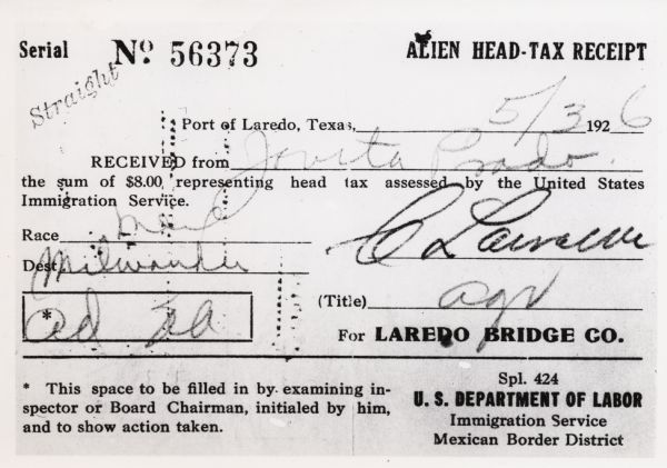Border crossing papers issues by the U.S. Department of Labor for Jovita Prado who was going from Mexico to Milwaukee.