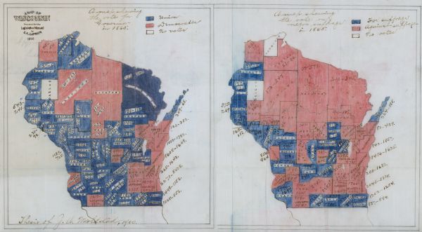Hand-drawn and colored maps of Wisconsin showing how each county voted in the gubernatorial race of 1865, and on a referendum regarding suffrage for African-Americans on the same ballot.