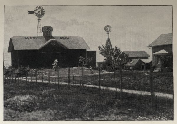 View of Sunny Peak Farm, owned and operated by Adda Howie. There is a farmhouse, barn, outbuildings, and two windmills.