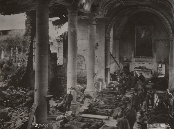 View of a hospital for U.S. wounded set up in the ruins of a church in Neuville, France.