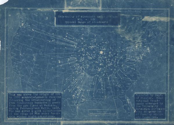 Blueprint U.S. map showing locations from which reports were received indicating reception of a basketball game broadcast by WHA radio out of Madison.