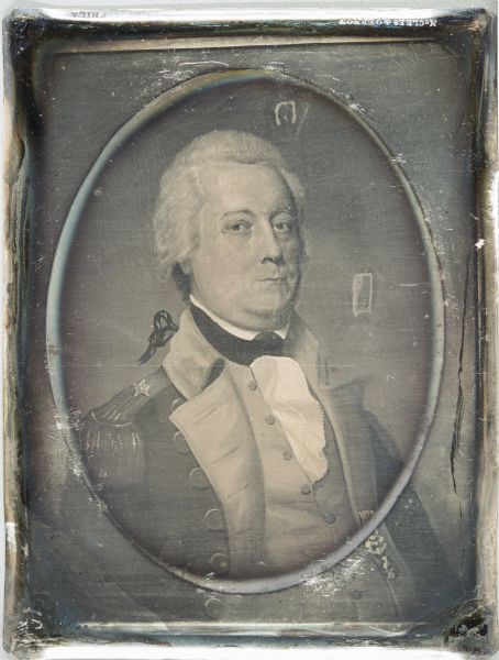 Quarter plate daguerreotype of a painting of General William Irvine. The portrait shows General Irvine in his military uniform. General Irvine served as a brigadier general in the Continental Army and represented Pennsylvania in both the Continental Congress (1787–88) and the United States House of Representatives (1793–1795). Hand-coloring on cheeks.