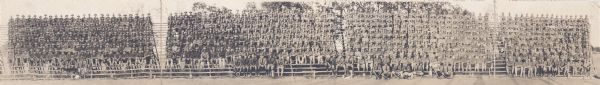 A panoramic group portrait of the 3rd Battalion (Infantry number illegible) at Camp MacArthur.