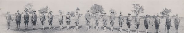 A panoramic group portrait of the buglers of the 56th Infantry at Camp MacArthur.