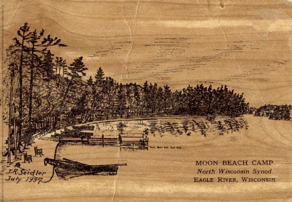 Ink drawing of a camp, with a boat tied to the shore and a pier leading into the water. Caption reads: "Moon Beach Camp, North Wisconsin Synod, Eagle River, Wisconsin."
