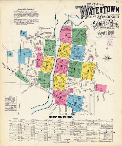 A Sanborn map of Watertown, including an index and a key. 