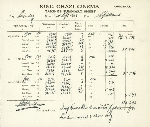Takings summary sheet of the box office receipts for the film "Spellbound" at the King Ghazi Cinema in Baghdad, Iraq on September 3, 1949.