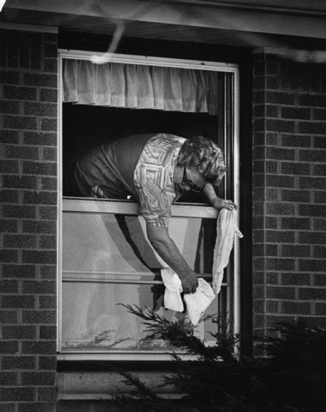 A woman is leaning out over the top of a double-hung window in order to wash the window exterior with rags. Caption reads: "Monday brought temperatures that broke the weekend cold snap. The hint of spring was so strong that Gladys Krause, 4023 S. Lake Dr., St. Francis, decided to wash winter's grime from her kitchen windows."