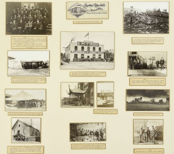 Twelve photographs and one letterhead are mounted on a board with captions. The photographs cover the time before and after a fire in 1909 when the company had temporary headquarters in a tent, before moving to a new building in 1910 that was located on W. Wilson Street.