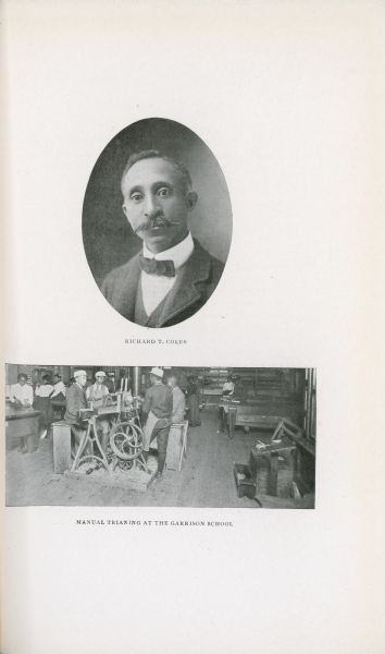 A page from the book "What Hampton Graduates Are Doing" which includes two photographs. At the top center is an oval-framed portrait of Richard T. Coles. The other photograph shows people getting manual training at the Garrison School.