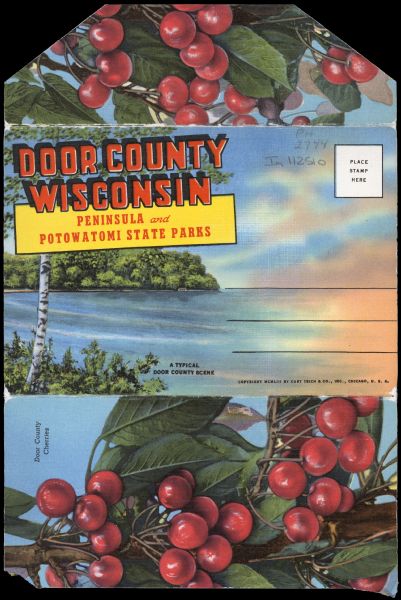 Envelope cover. Inside are eighteen color enhanced photographic scenes from Door County, Wisconsin, including a short description of Door County features that may interest tourists.