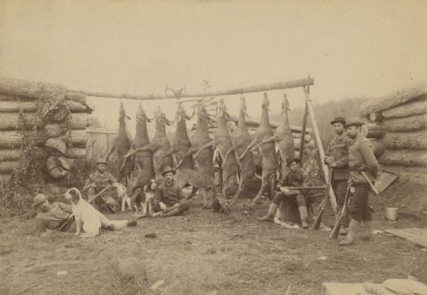 Six deer hunters are posing with their rifles, dogs, and nine killed deer hanging from a buck pole supported by log structures on the left and right.